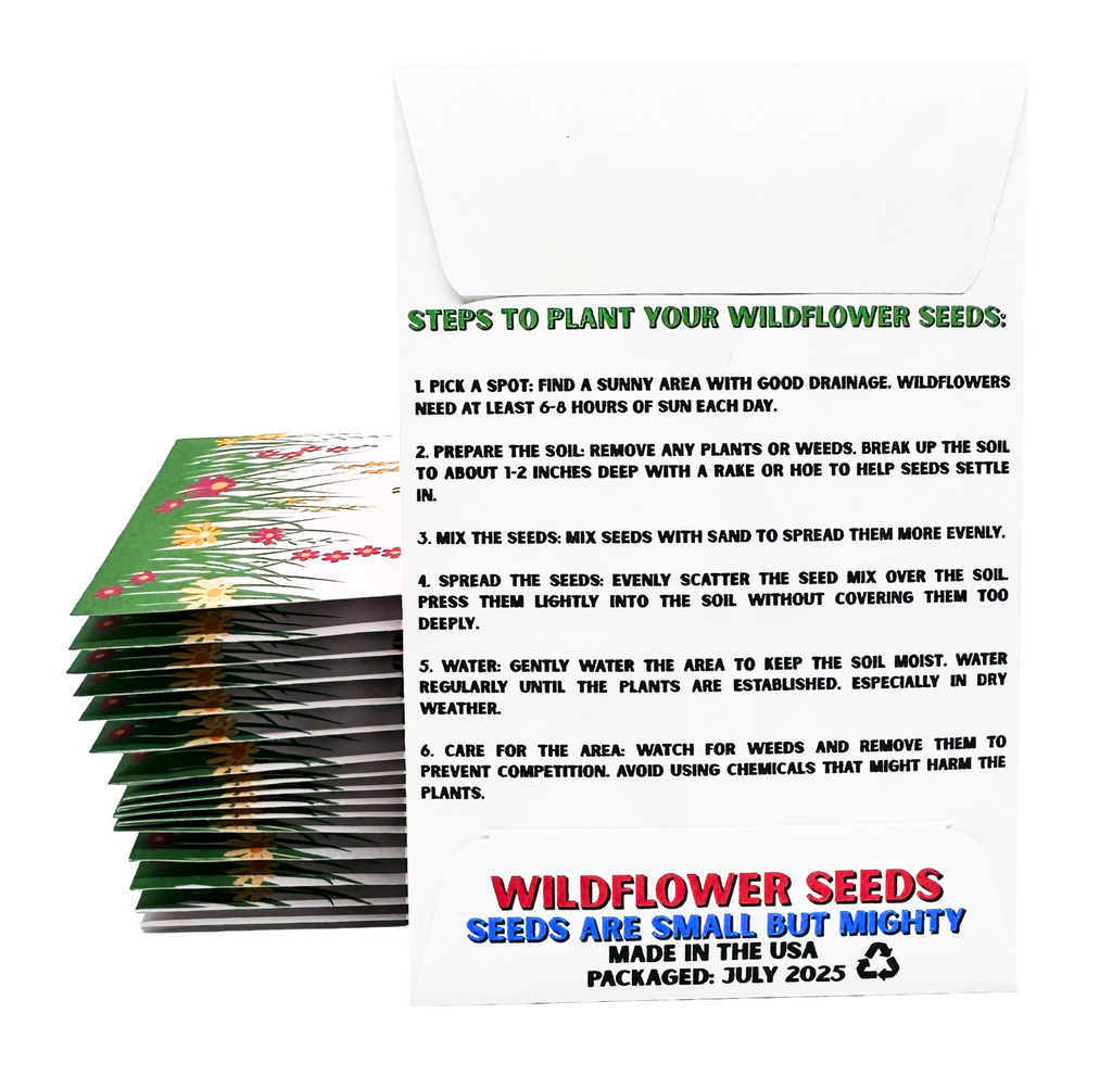 Packaging of wildflower seeds with planting instructions on a white background