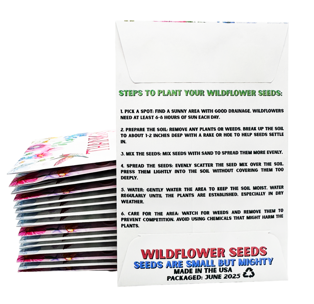 Packaging of wildflower seeds with planting instructions on a white background
