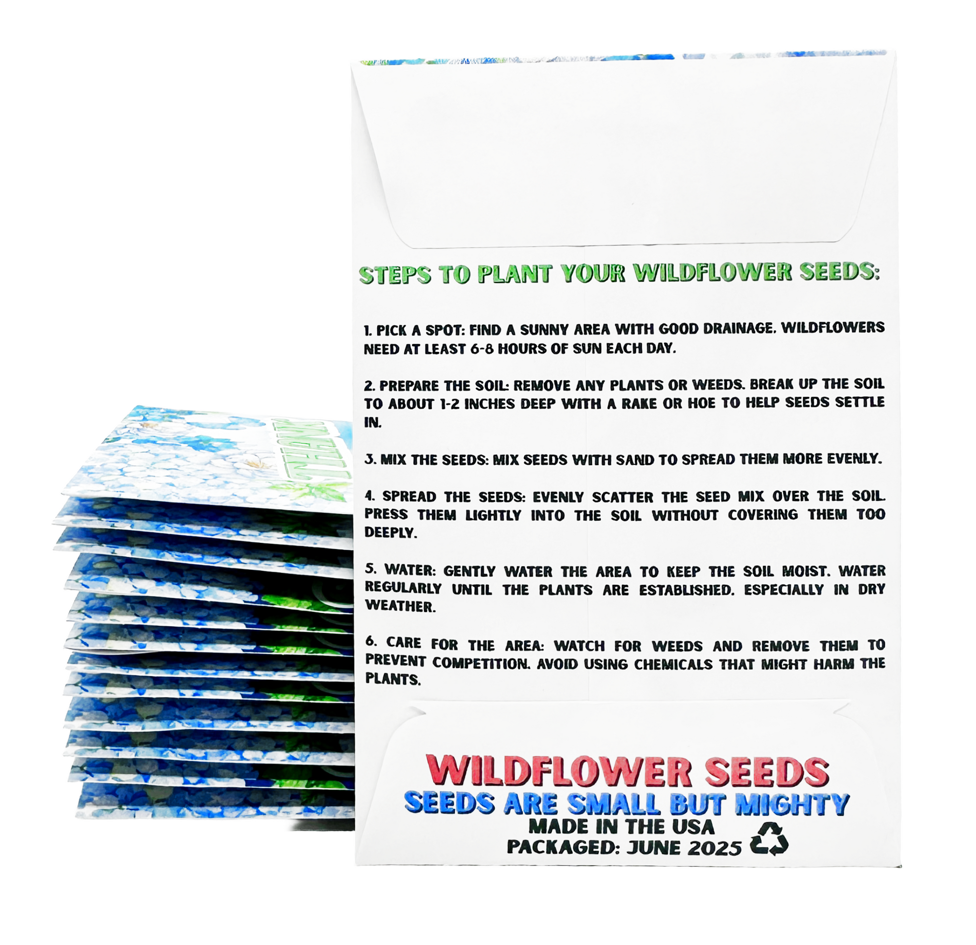 Packaging of wildflower seeds with planting instructions on a white background