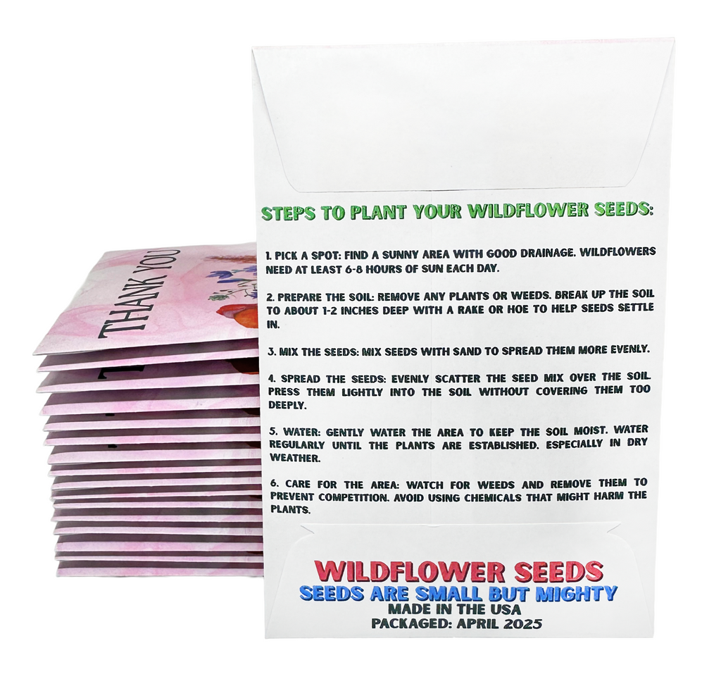 Packaging with wildflower seeds and planting instructions on a white background