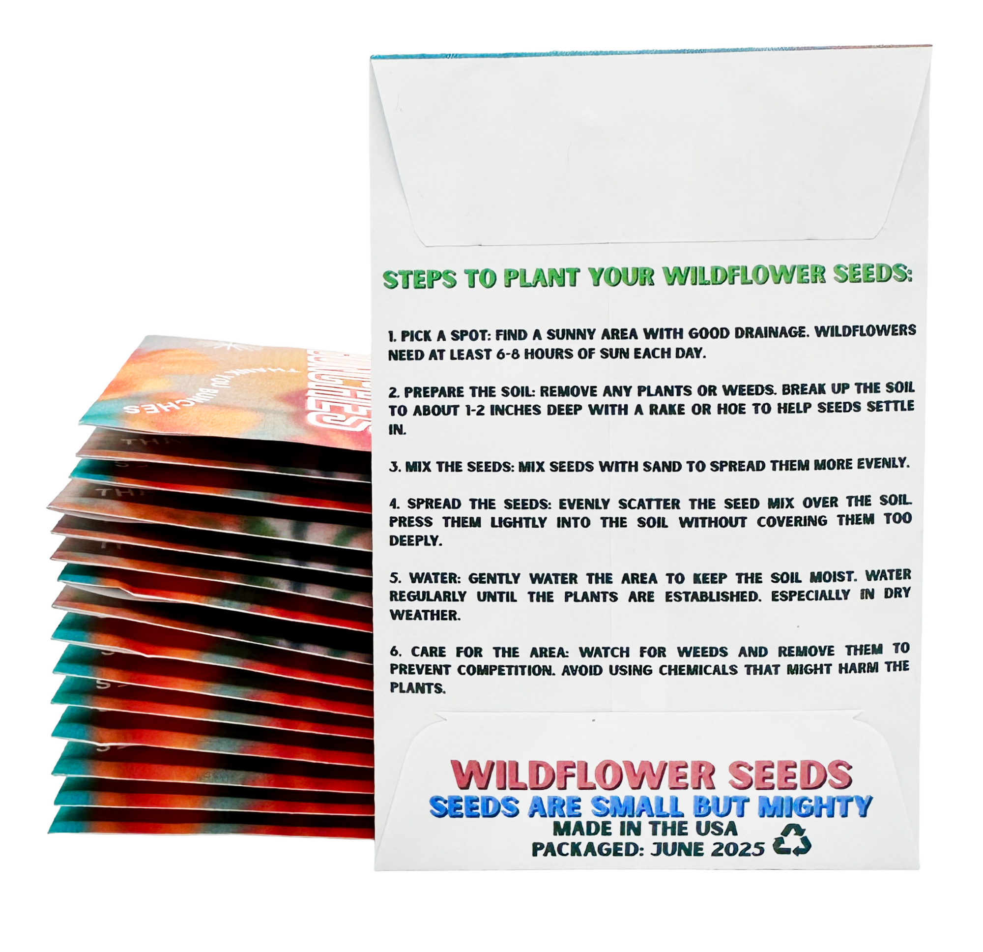 Multiple packets of wildflower seeds with planting instructions on a white background