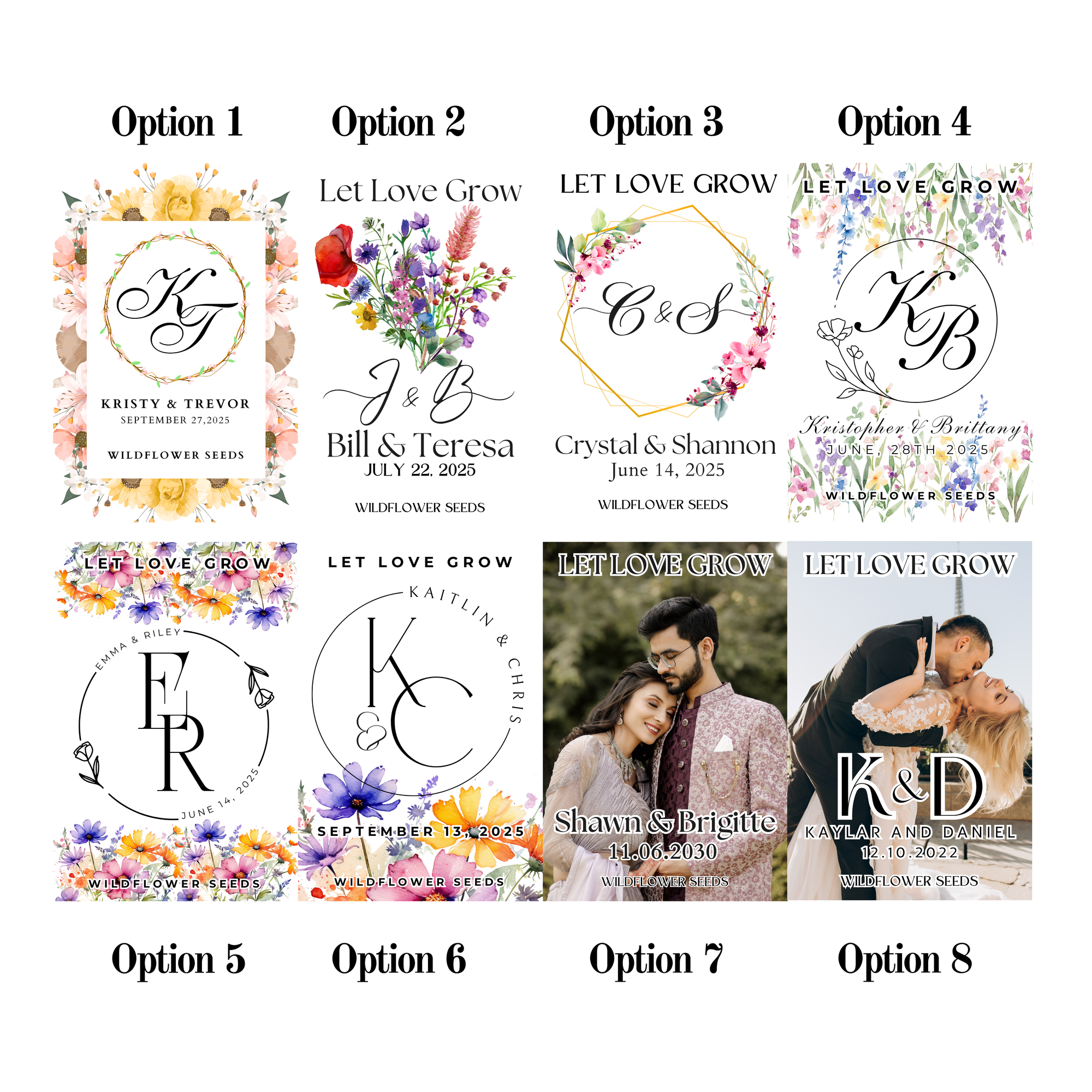 Collection of personalized wedding seed packets with monograms and floral designs.