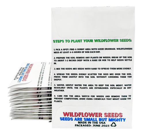 Package of wildflower seeds with planting instructions on a white background