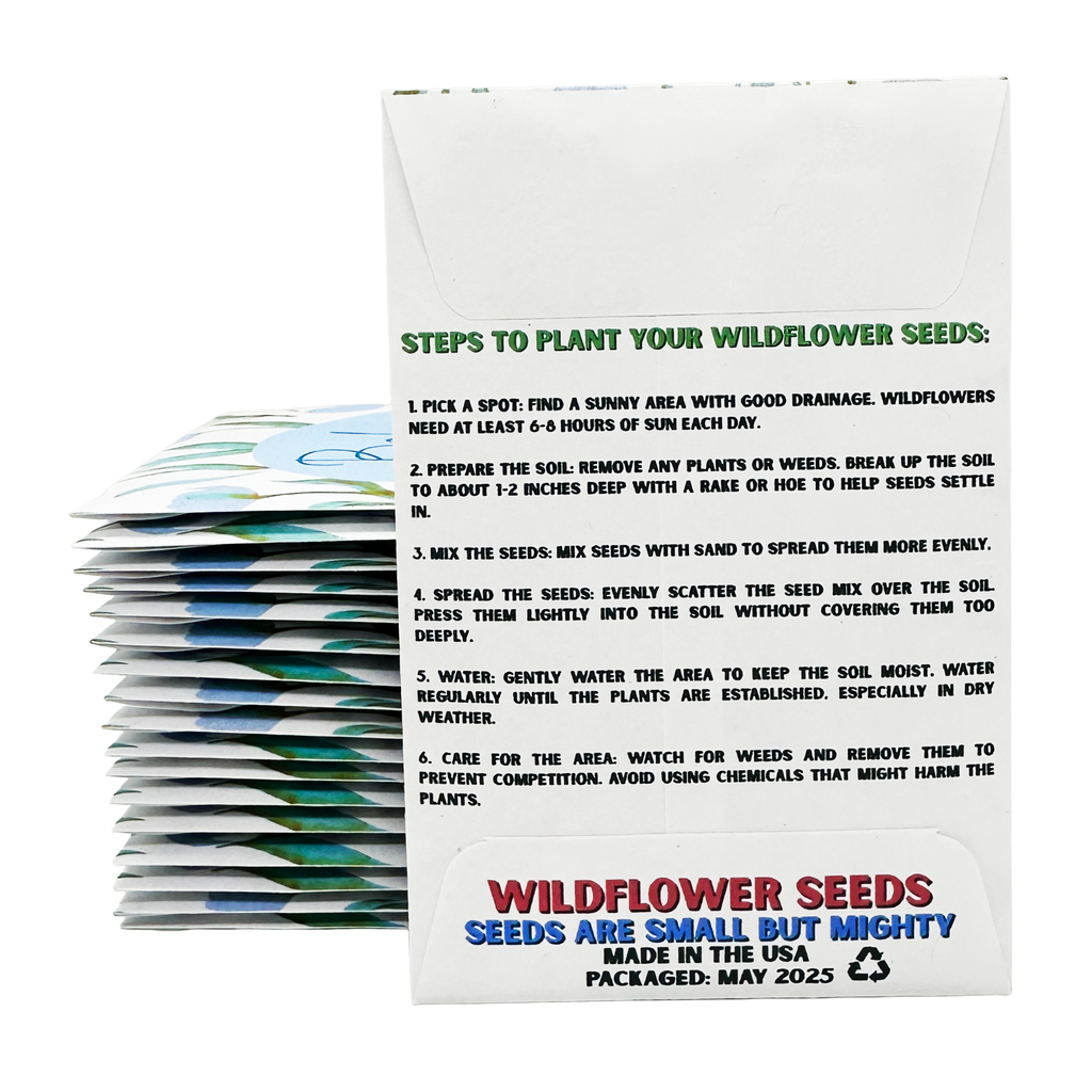 Pack of wildflower seeds with planting instructions on a white background